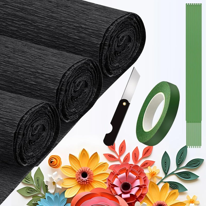 FYANER Crepe Paper Roll (9.8Inch x 8.2Ft/3Rolls),DIY Gift Crepe Paper Sheet Color Paper Flower Set for Birthday Decoration, Party Decoration and Wedding Decoration (Black) - Image 1
